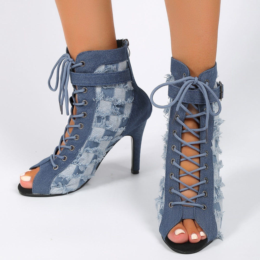 Damer højhælede snørestøvler med elegante detaljer i denim Stilla