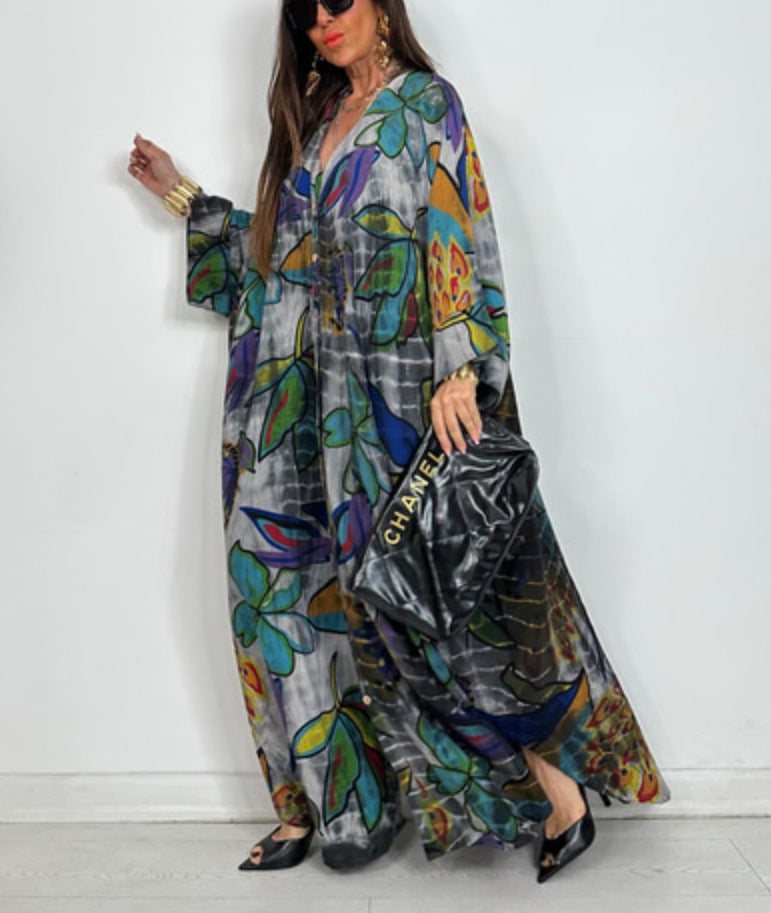 Dame Kaftan-stil Maxikjole med blomsterprint og løs pasform Stilla