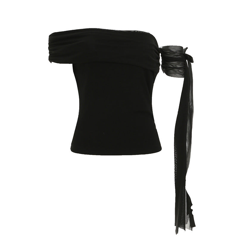 Dame Off-Shoulder Top med ruffle detaljer og gennemsigtig ærme Skovae