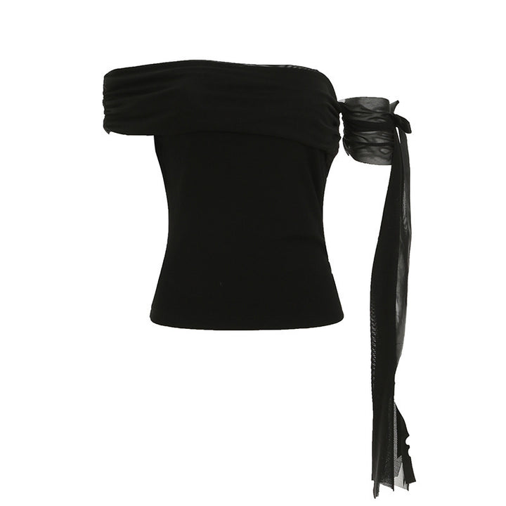 Dame Off-Shoulder Top med ruffle detaljer og gennemsigtig ærme Skovae