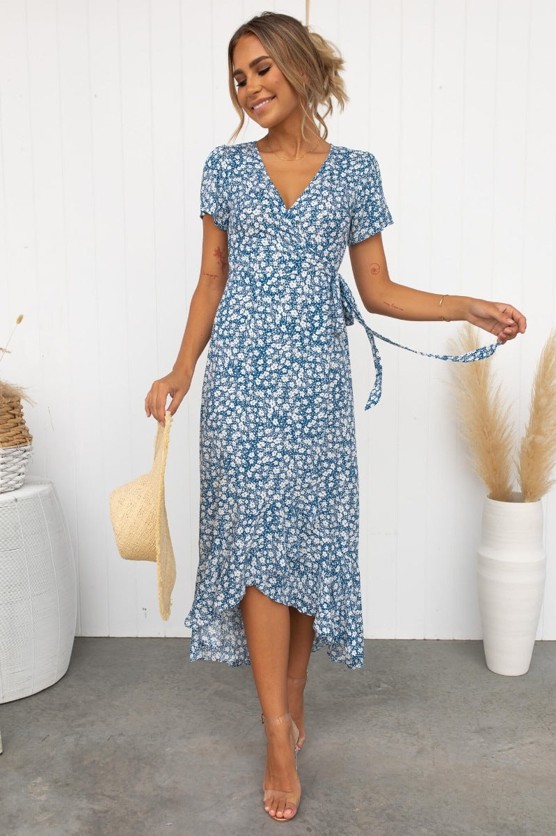 Dame Floral Vige-Midi-Kjole med bundet Taljedetalje Stilla