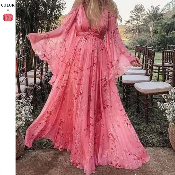 Dame maxikjole med elegante klokkeærmer og blomsteragtigt overtøj Stilla