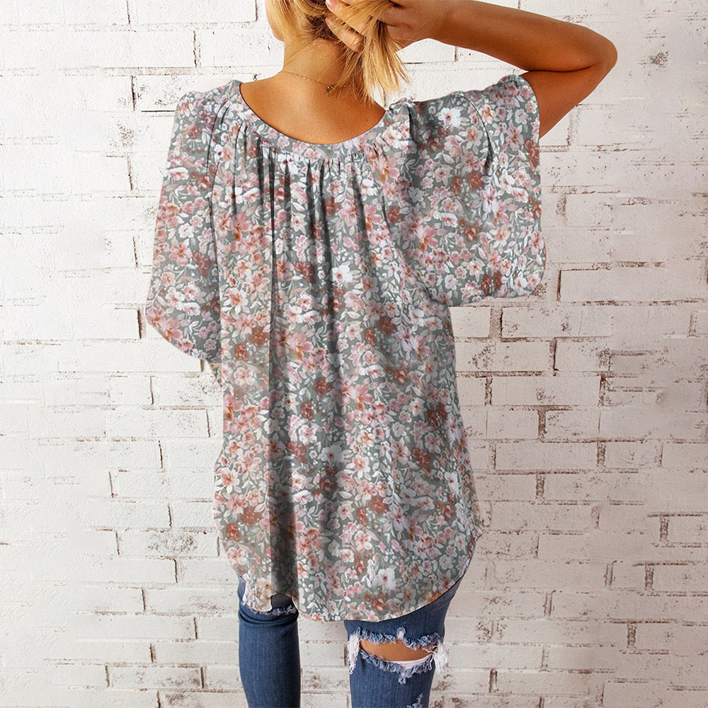 Stilla | Afslappet Floral Print V-hals Kort Ærme Overstørrelse Top Bluse