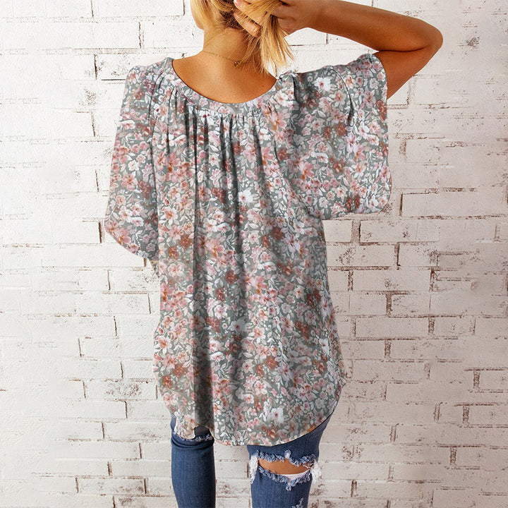 Stilla | Afslappet Floral Print V-hals Kort Ærme Overstørrelse Top Bluse