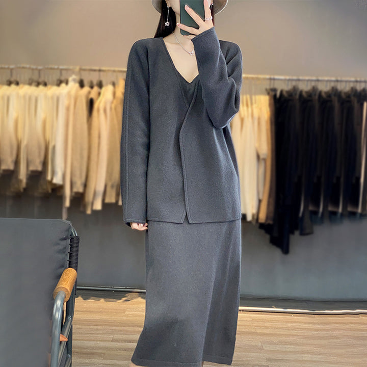 Femme Elegant Strikjakke og Maxi Skørt Sæt Stilla