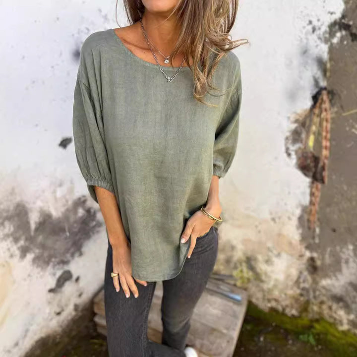 Dame Casual Linned blouse med brede ærmer og rund halsudskæring Stilla
