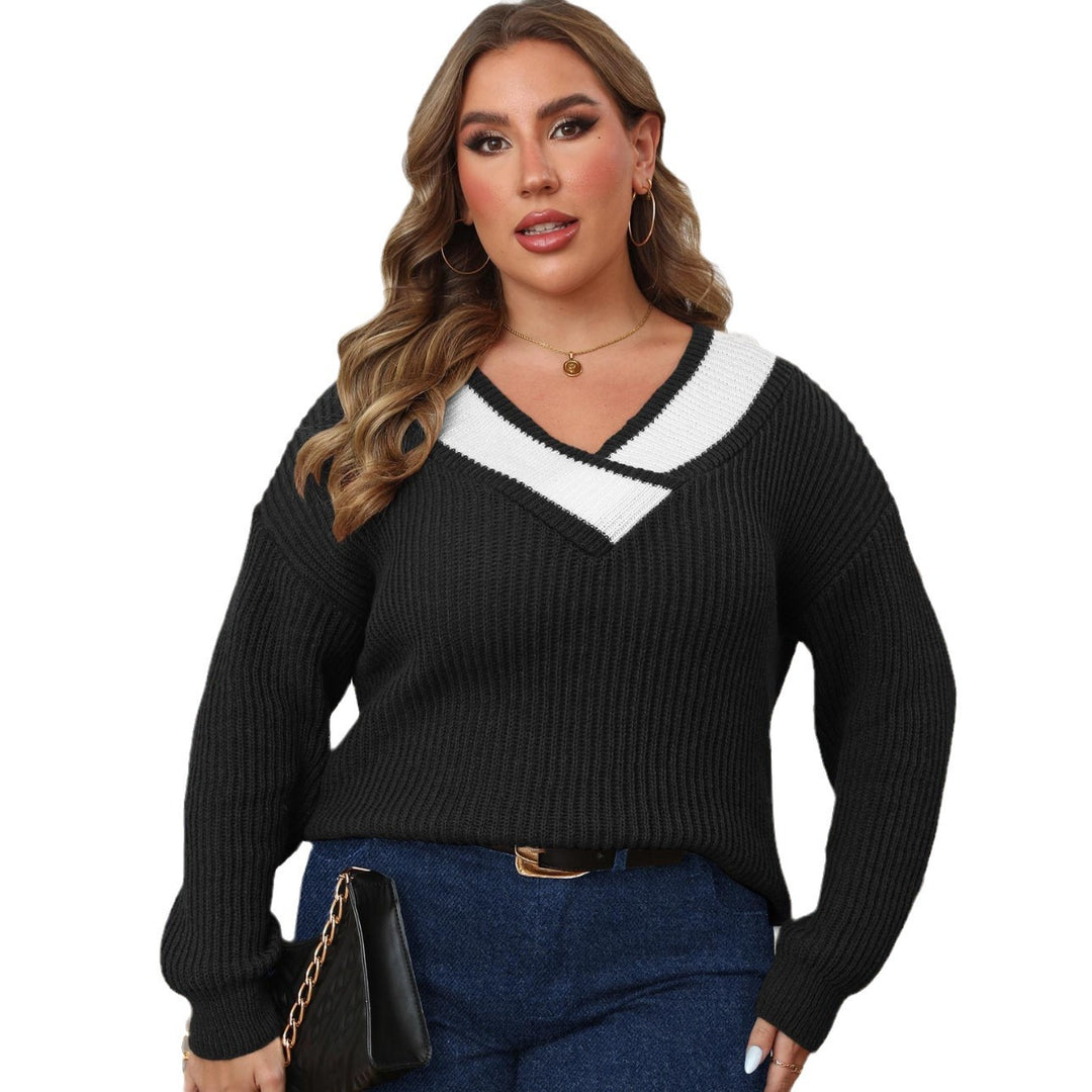 Dame Oversized Strikpullover med V-udskæring og kontrasterende detaljer Stilla
