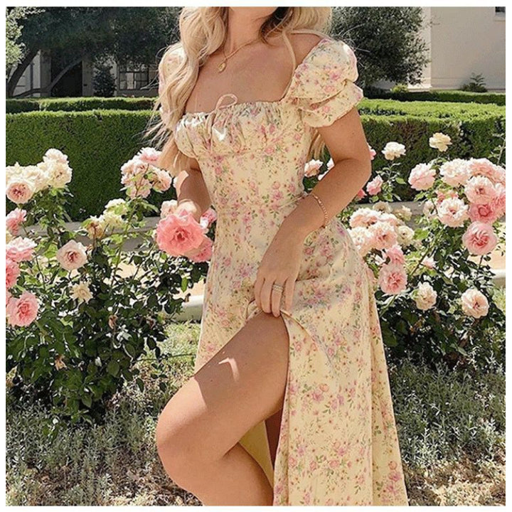 Dame Floral Trykt Maxi Kjole med Puffærmer Stilla