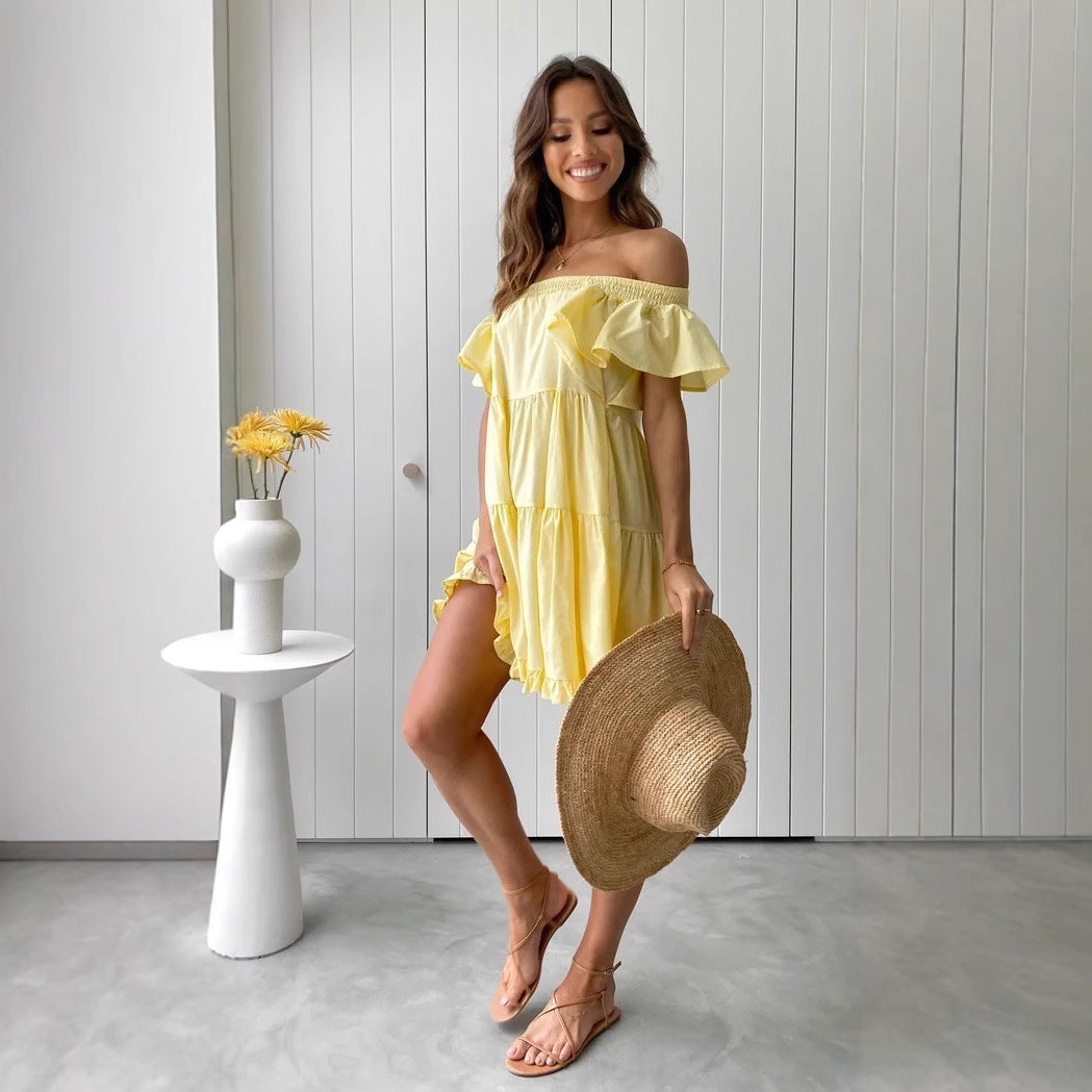 Ladies Off-Shoulder Casual Dress with Ruffle Details Skovae