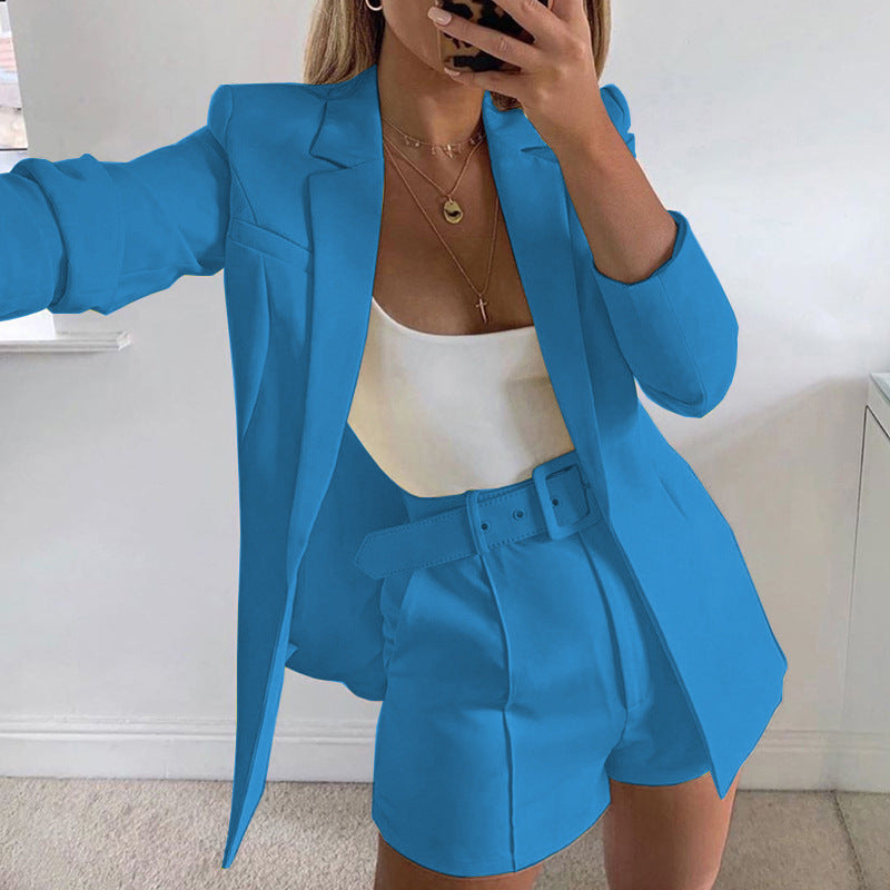 Dame afslappet blazer-shorts-sæt med taljebælte Stilla