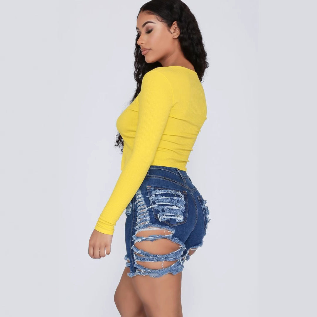 Dame Destroyed Denim-Shorts med sidelæns Cut-Outs og høj talje Stilla