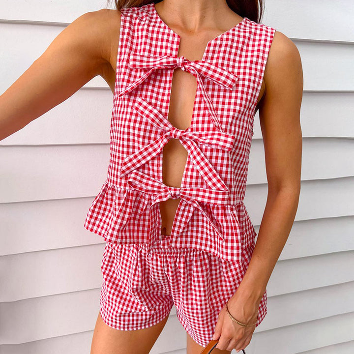 Dame Gingham Peplum Top og Shorts Sæt Stilla