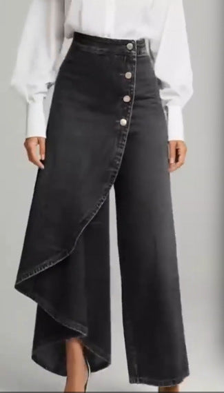 Dame Denim-nederdel med asymmetrisk snit og knapdetaljer Skovae