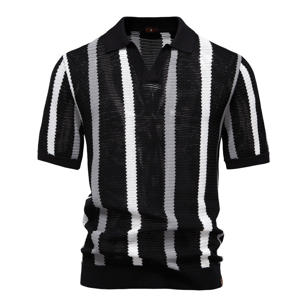 Herrer Polo-shirt med moderne V-udskæring og struktureret stribemønster Stilla
