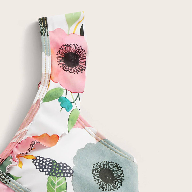 Damer To-delt Blomster-Bikini-Sæt med figursyet top og ruffle trusse Skovae