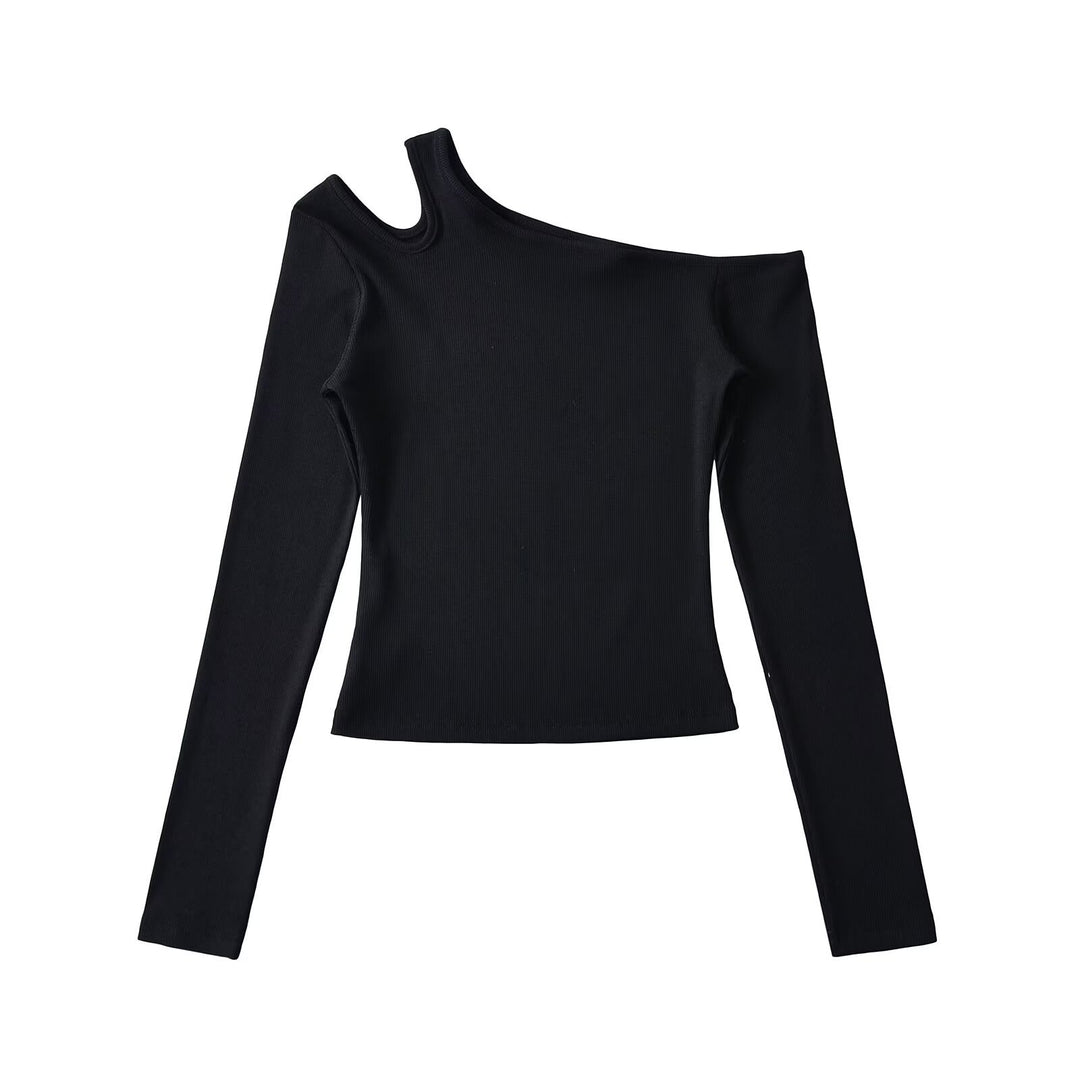 Dame asymmetrisk langærmet skjorte med off-shoulder design og kvalitets ribmateriale Stilla