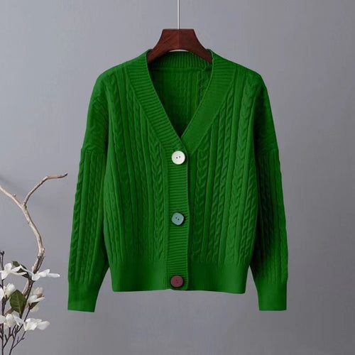Kvinders chunky strik cardigan med V-hals og dekorative knapper Stilla