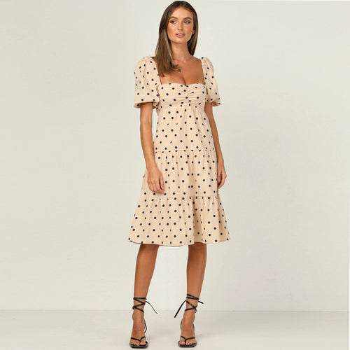 Dame Polka Dot Flydende Midi Kjole med Puffærmer og Flæsekant Stilla