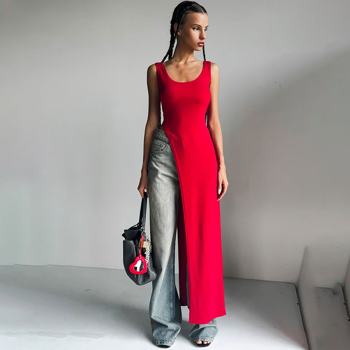 Dame Elegant Maxi-kjole med asymmetrisk jeansdesign Stilla