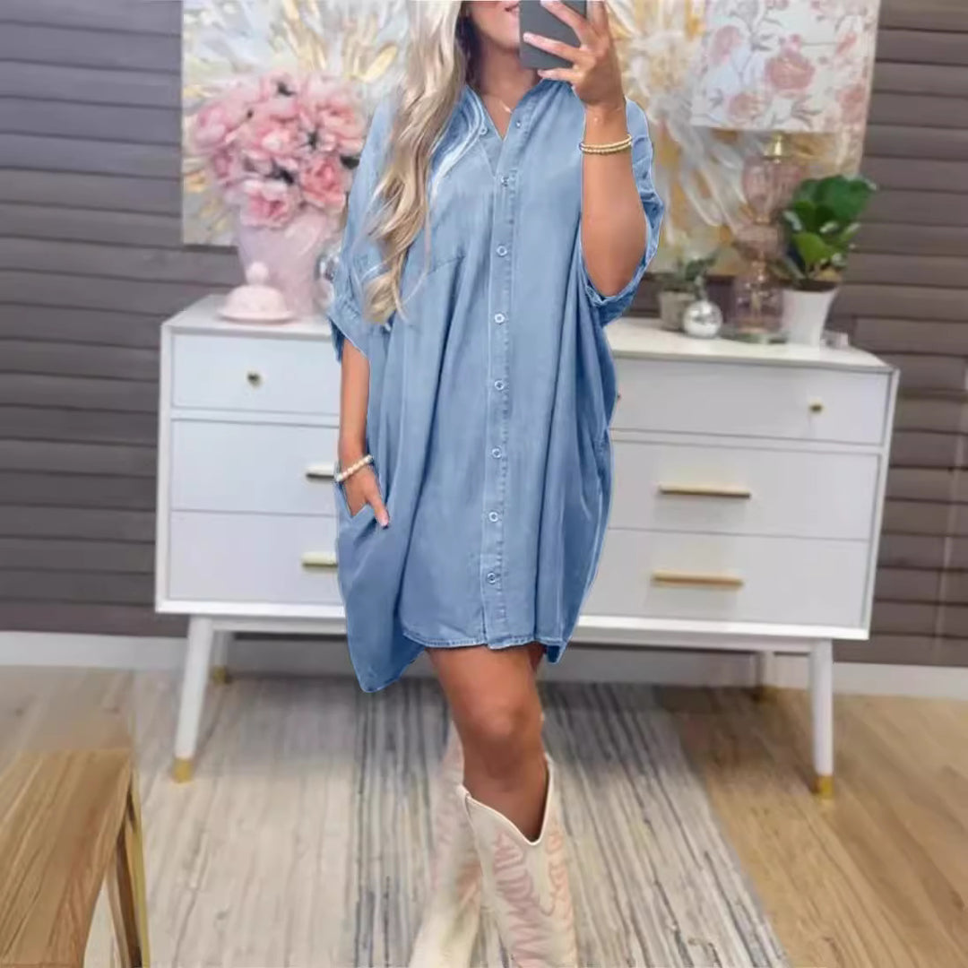 Dame Størrelse Denim-Sk Shirt kjole med praktiske lommer og afslappet snit Stilla