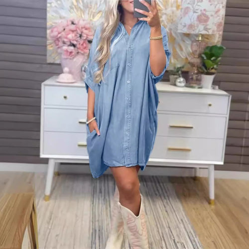 Dame Størrelse Denim-Sk Shirt kjole med praktiske lommer og afslappet snit Stilla