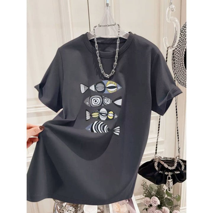 Dame T-Shirt med kreativt fiske motiv og afslappet pasform Stilla