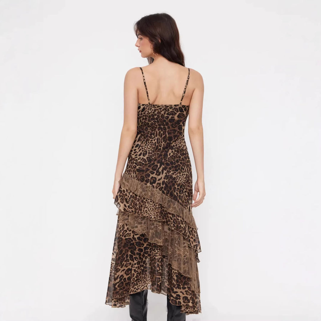 Dame elegant midi kjole med asymmetrisk flæse og dyreprint Skovae