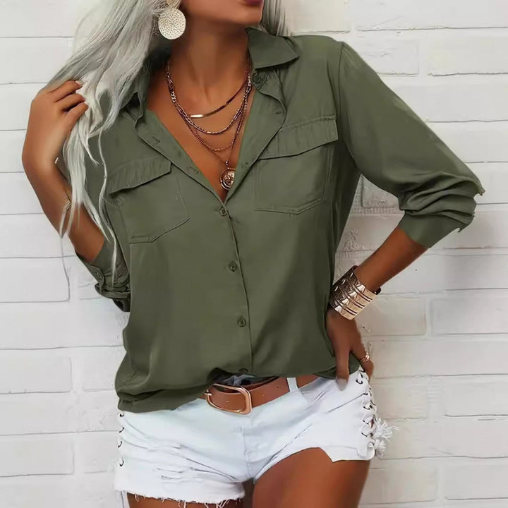 Dame elegant Button-Up Bluse med brystlommer og rullekrave Stilla