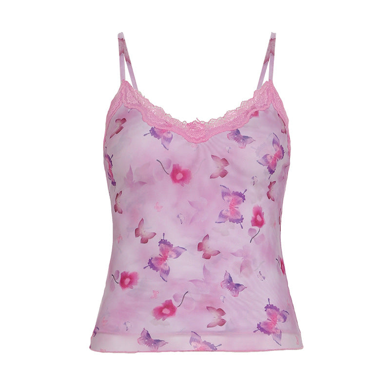 Dame Spaghetti-top med floralt design og blonderand Skovae