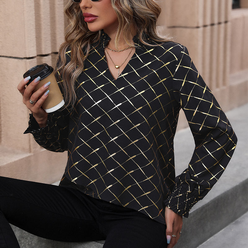 Dame Elegant Bluse med skinnende ternet mønster Stilla