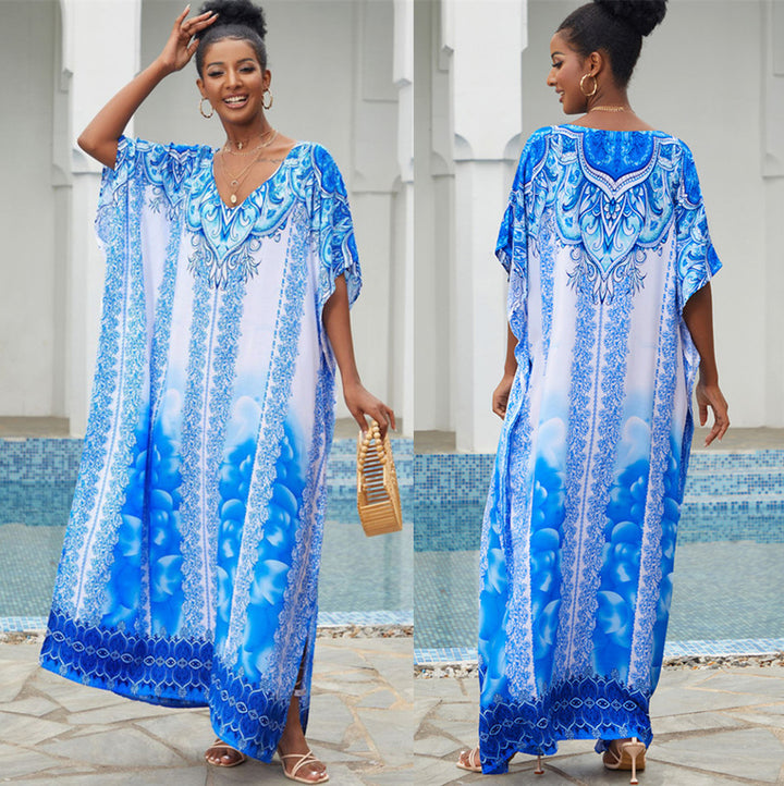 Dame Maxi-Kaftan med kunstnerisk azurmønster og elegant V-udskæring Stilla