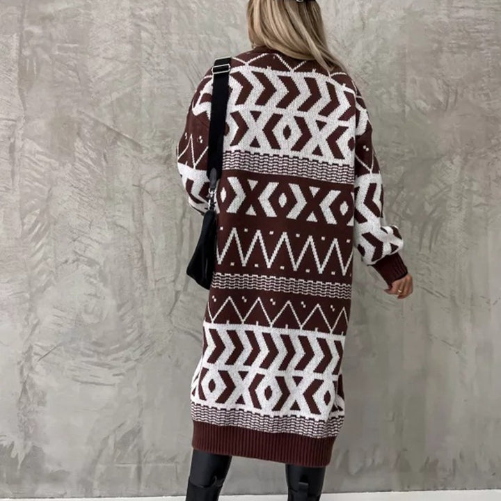 Kvinders chunky strik cardigan med folkloristiske mønstre og afslappet pasform Stilla