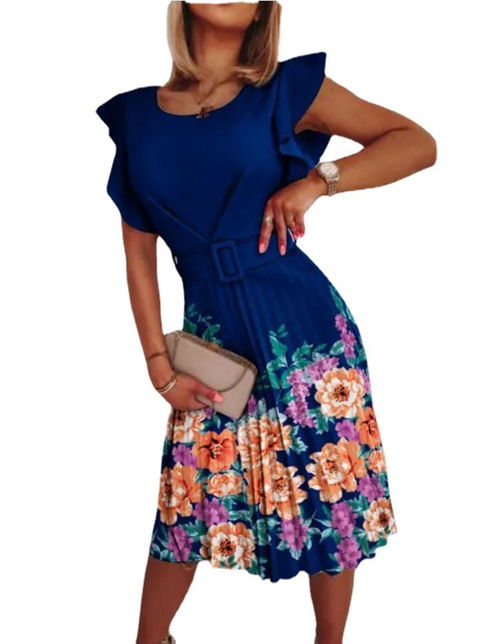 Dame blomsterprint midi kjole med flæser ærmer Stilla