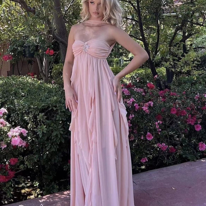 Dame Elegant Maxi Kjole med asymmetrisk søm og fine flæsedetaljer Skovae