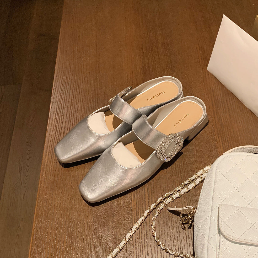 Dame Elegante Quadratåede Slingback Ballerinaer med Rhinestones Spænde Stilla