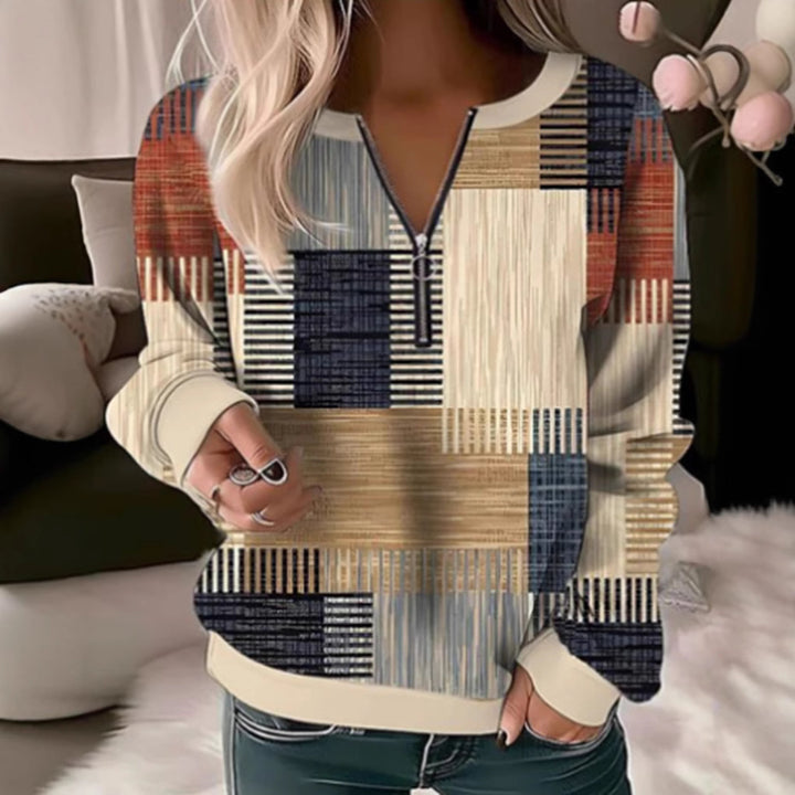 Kvinders sweatshirt med geometrisk grafisk design og høj krave lynlås Stilla
