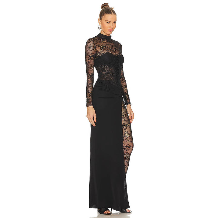 Dame Lang Spitze Kjole med transparente indsatser og elegant slids Skovae