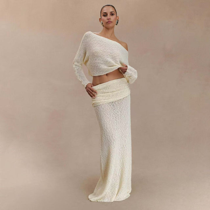 Dame Strik Crop Top og Maxiskørt Sæt med sideløsning og trendy Ribstruktur Stilla