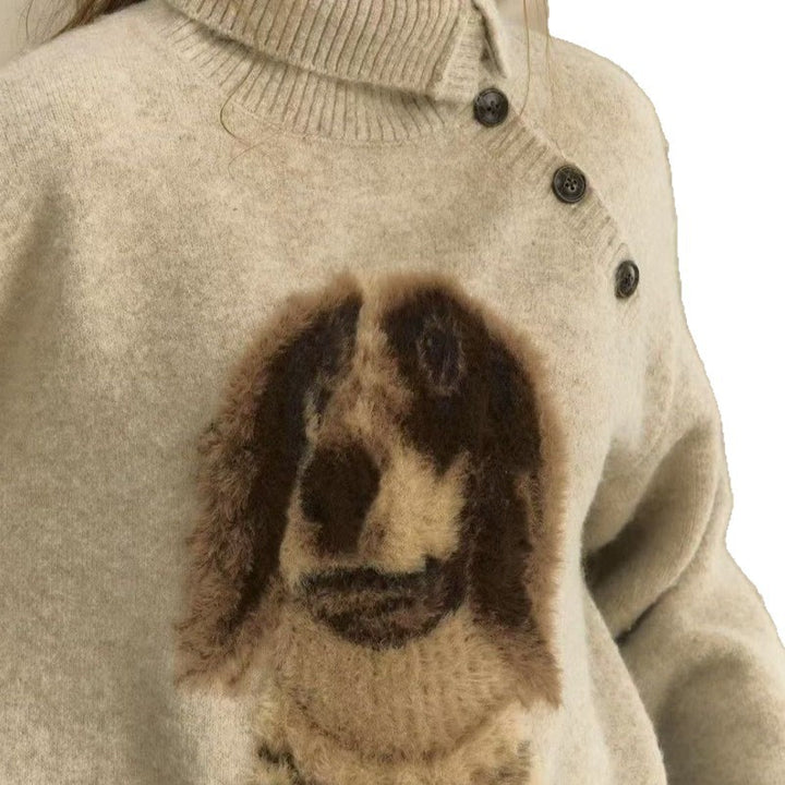 Dame strikket sweater med dyremotiv og høj krave Stilla