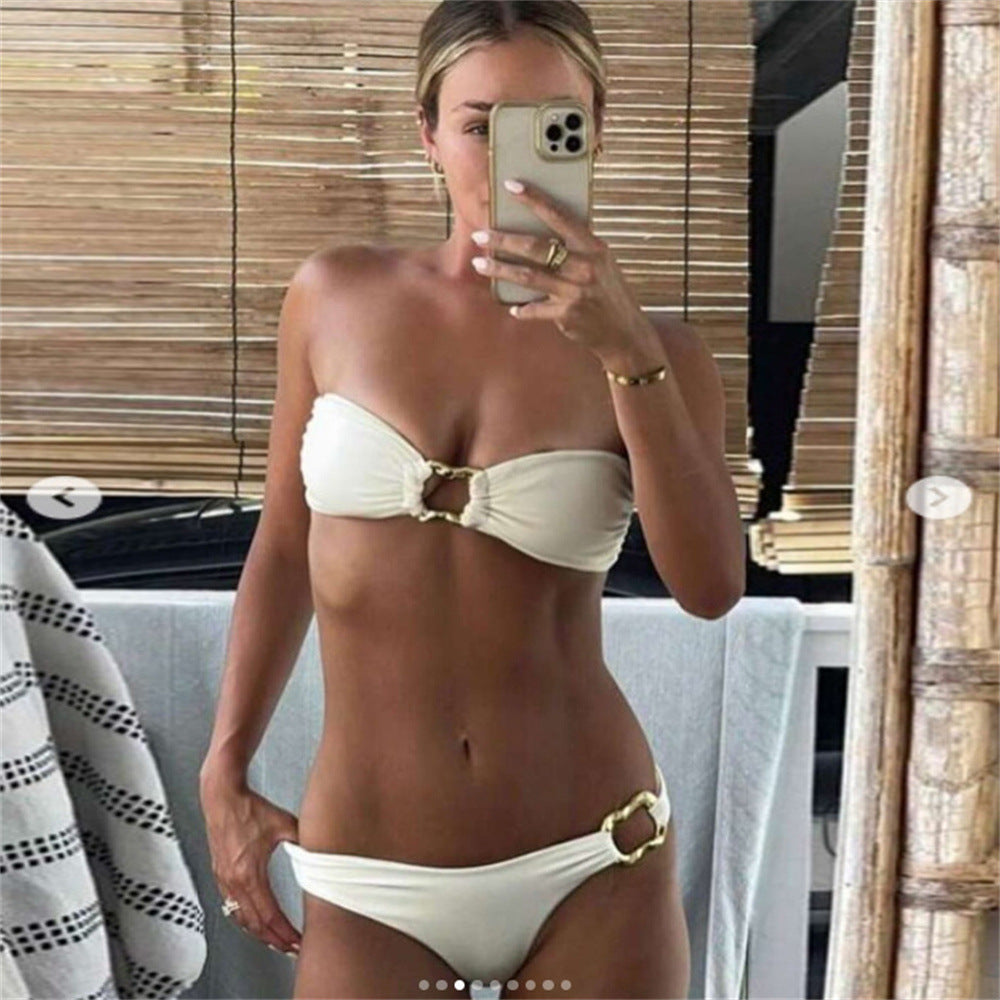 Dame Bandeau-bikini-sæt med elegant knude-design og justerbare stropper Skovae