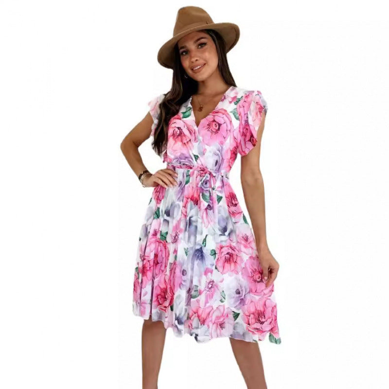 Dame Floral Print Wrap Kjole med Bælte Stilla