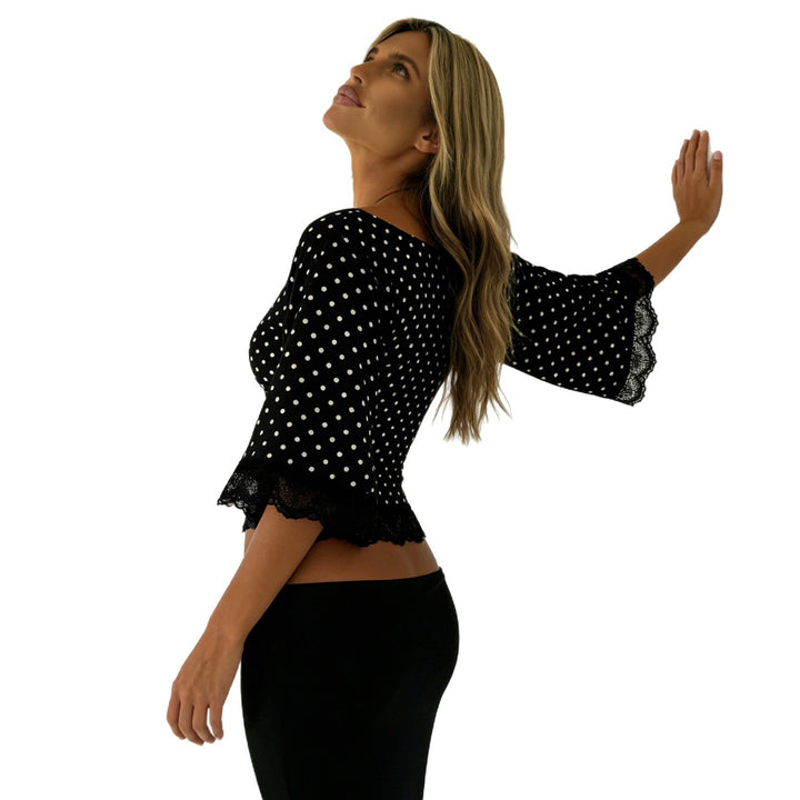 Dame polka-dot bluse skjorte med spidsudsmykning Skovae