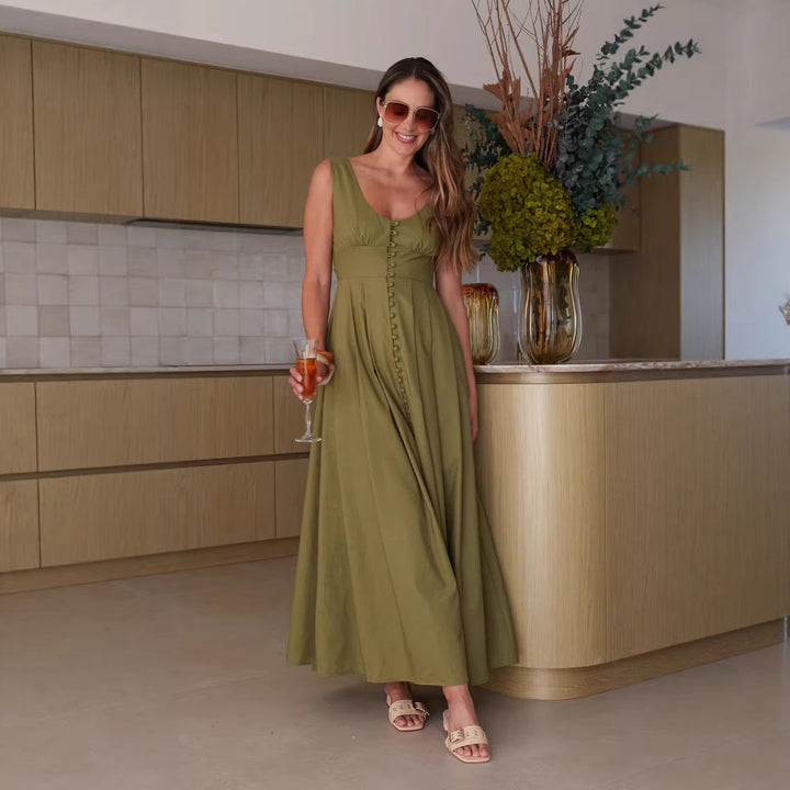 Dame maxi kjole med chik knapdesign og elegant V-hals