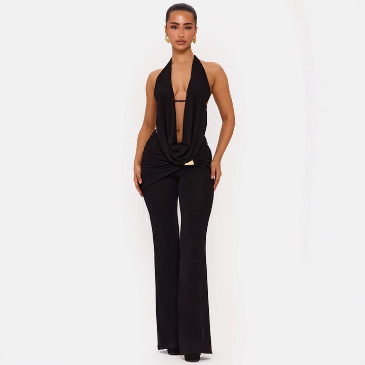 Dame elegant, tætsiddende jumpsuit med dyb udskæring og vidde ben Skovae