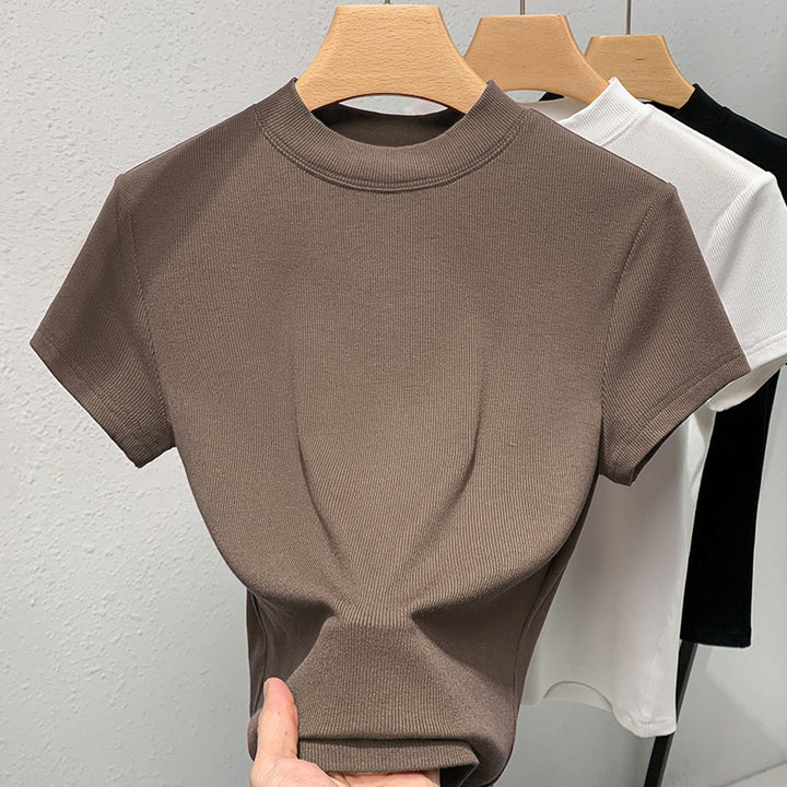 Dame figursyet T-shirt med højtstående krave i elastisk ribmateriale Stilla