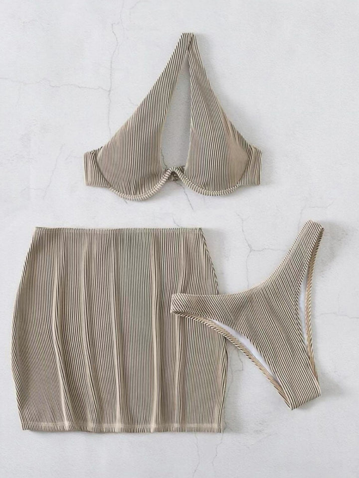 Dame Rib-Cut-Out Bikini-top og Skørt Sæt Stilla