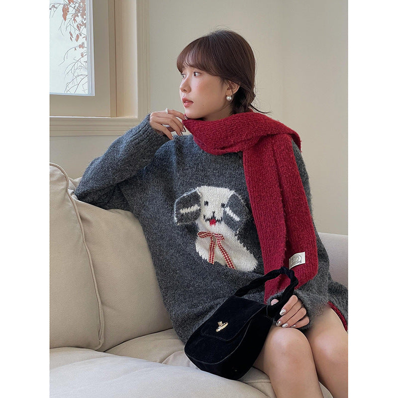 Dame hyggelig sweater med sødt kaninmotiv og flæsedetaljer Stilla
