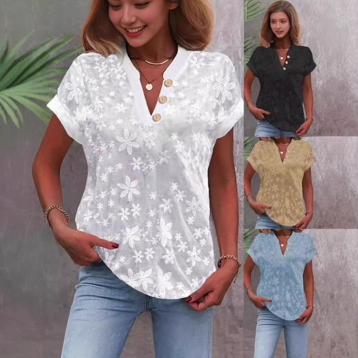 Damer elegant bluse med blomsterdesign og knapdetaljer Stilla