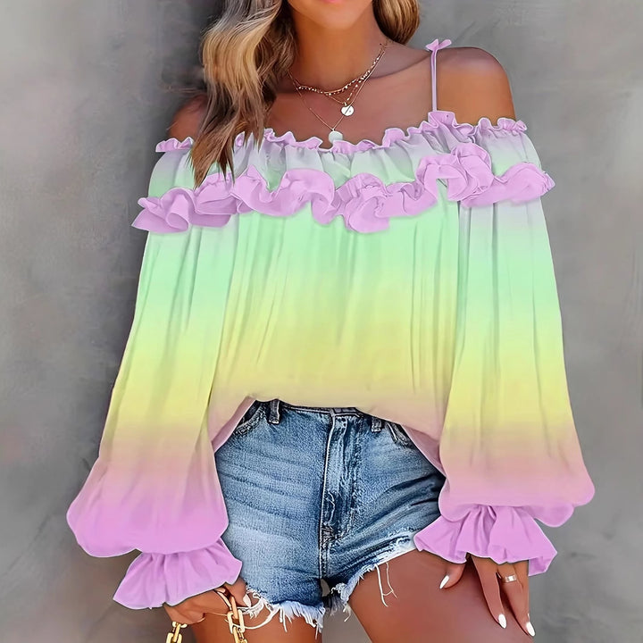 Dame Off-Shoulder Bluse med Rüschen og Farvegradient Stilla