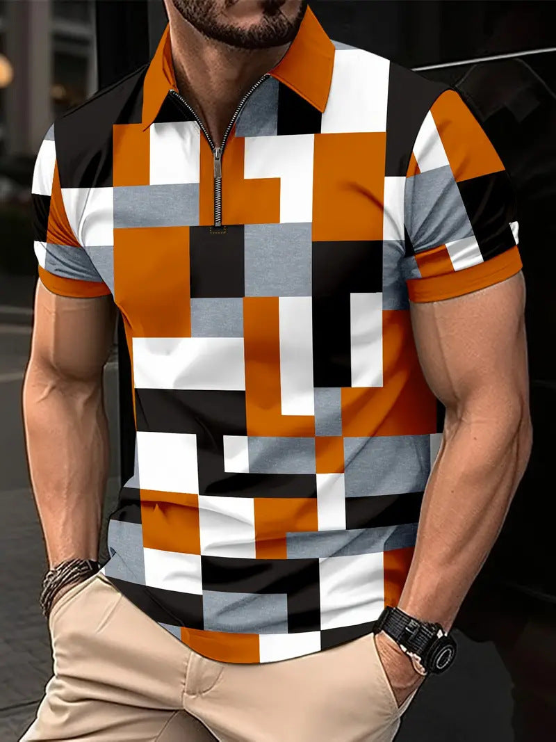 Herrer Geometrisk Zip-Front Polo-Shirt Stilla